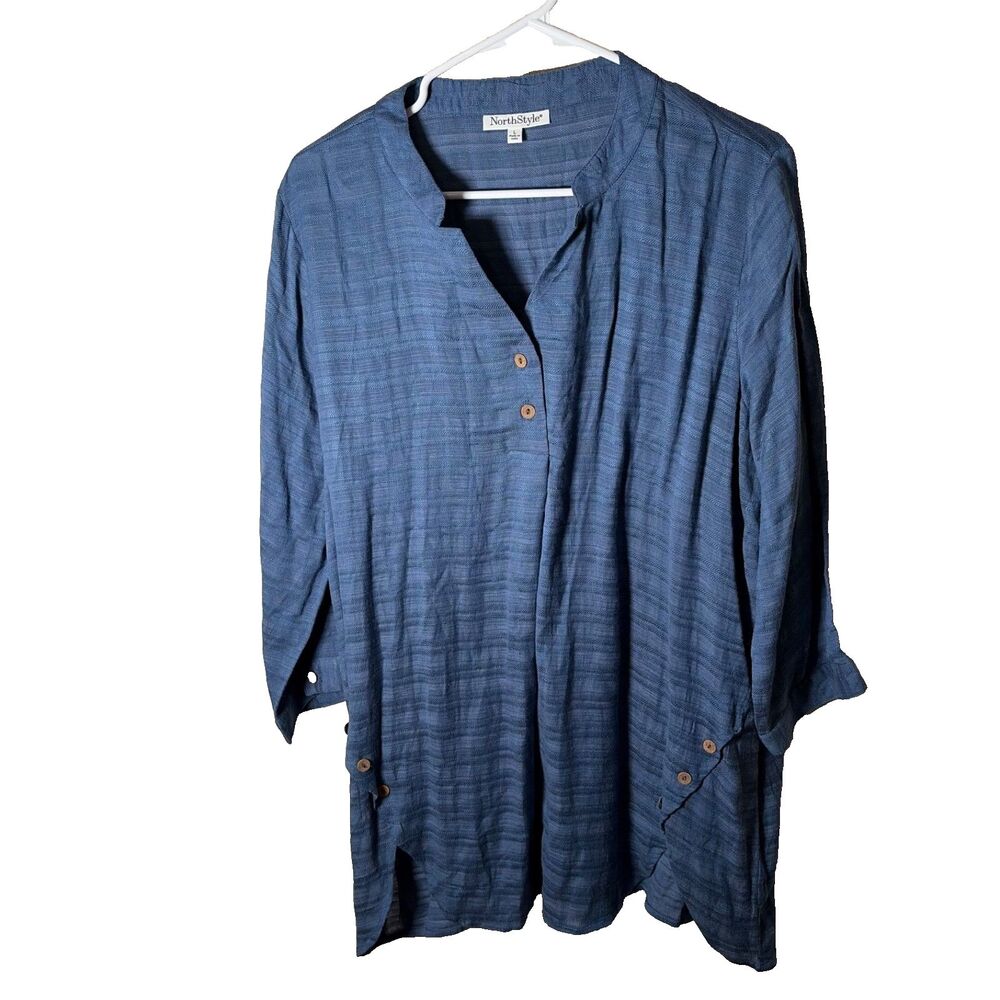 North Style Dress Women's Large Blue Lagenlook 3/4 Sleeve Popover Striped Shirt